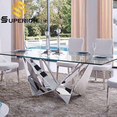 Rectangular Silver Metal Base Transparent Glass Dining Table Set