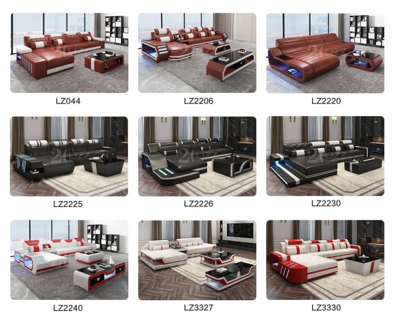 Modern L Shape Living Room Leather Sectional LED Sofa Set with Coffee Table and TV Stand