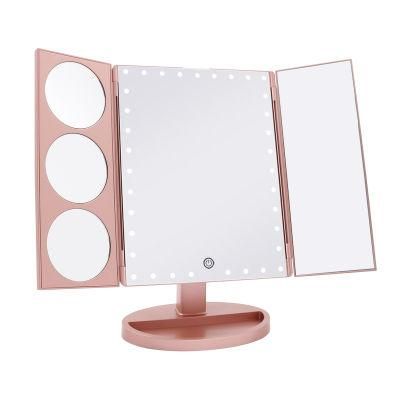 LED Lights Tri-Fold Desktop Makeup Compact Mirror for Travel