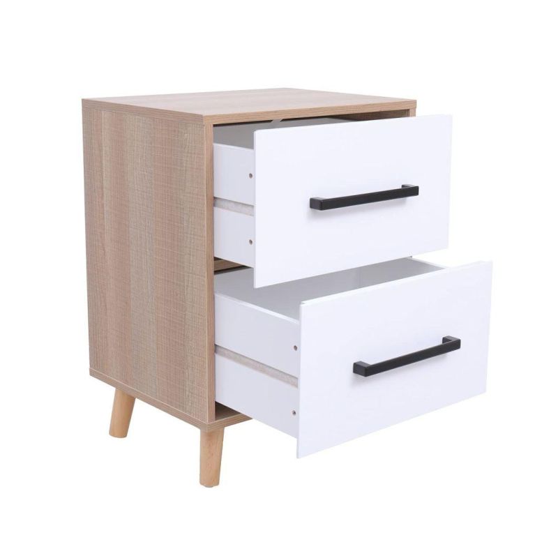 End Side Table with 2 Drawer, Bedside Table with Solid Wood Legs, Modern Storage Cabinet for Bedroom Living Room Furniture