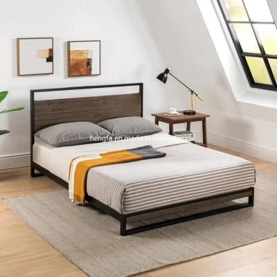 Modern Hotel Wooden Furniture Iron Frame Soild Wood Double Bed