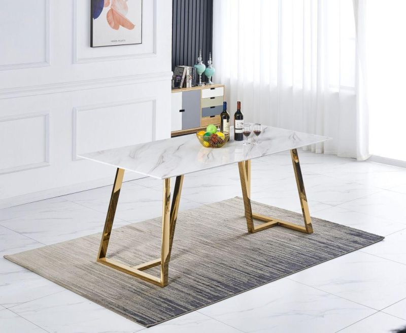 Home Restaurant Garden Furnituretempered Glass Marble Table Top Stainless Steel Tube Leg Modern Dining Table