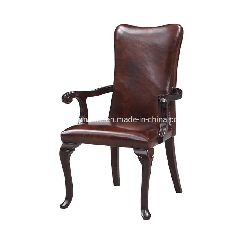 Genuine Leather Luxury Style Wooden Dining Chair with Armrest