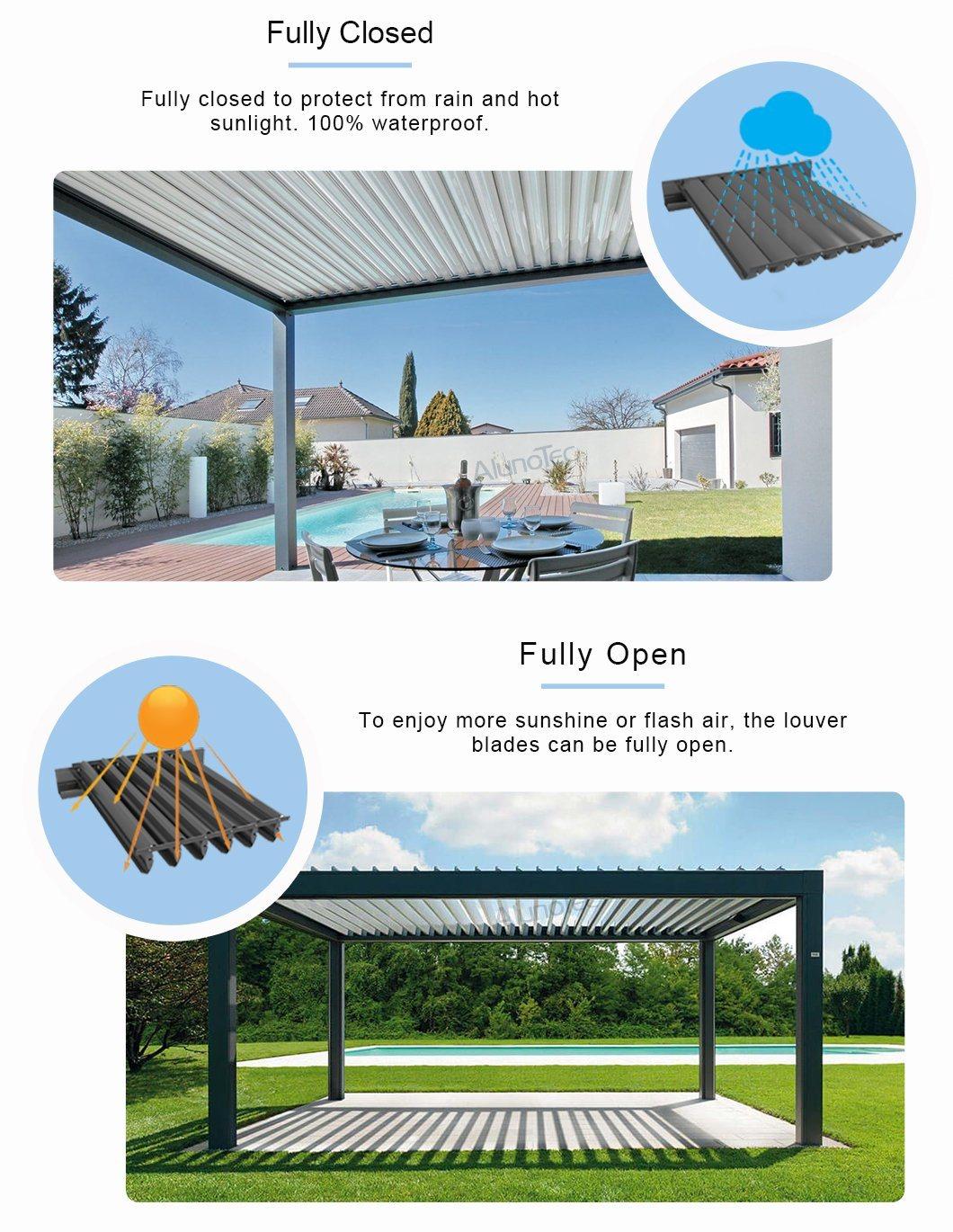 Modern Design Motorized Waterproof Garden Balcony Louvered Roof Covering Pergola Gazebo with Curton