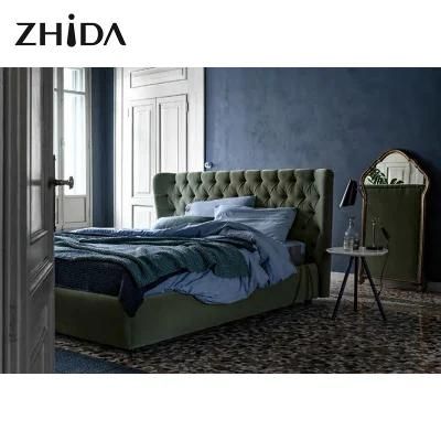 Modern Home Furniture Flat Bed Villa Bedroom Furniture Fabric King Queen Size Bed with Button Buckle Headboard