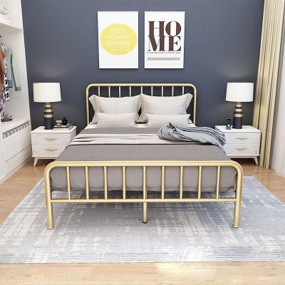 Modern Home Hotel Bedroom Genuine Leather Upholstered Golden Metal Frame Bed