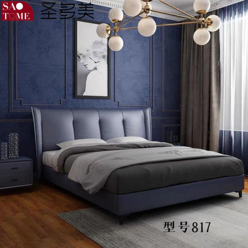 Modern Bedroom Furniture Dark Blue Leather Double Bed