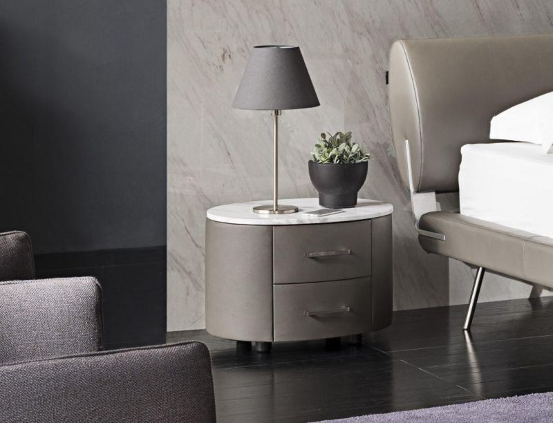 Modern Bedroom Furniture Sets Oval Casegoods Bedside Table Upholstered Nightstand Cabinet with Marble Topside