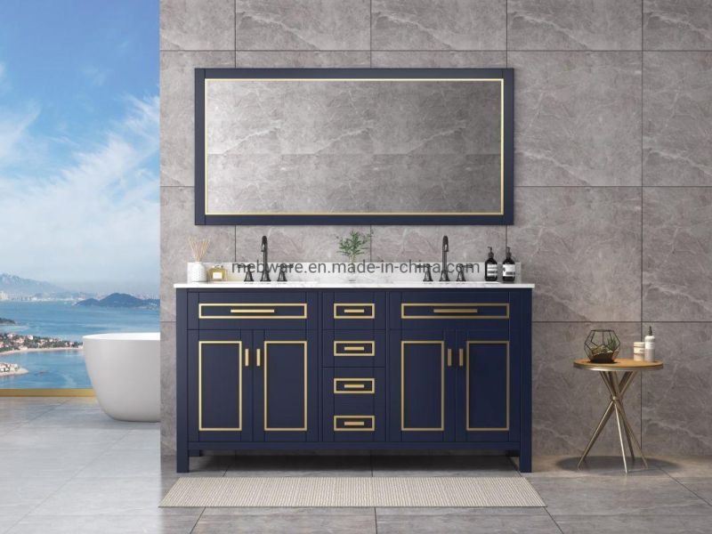 72 Inch Fashion Floor Mounted Double Sinks Bathroom Furniture with Framed Mirror with Marble Top with Four Doors with Foor Drawers