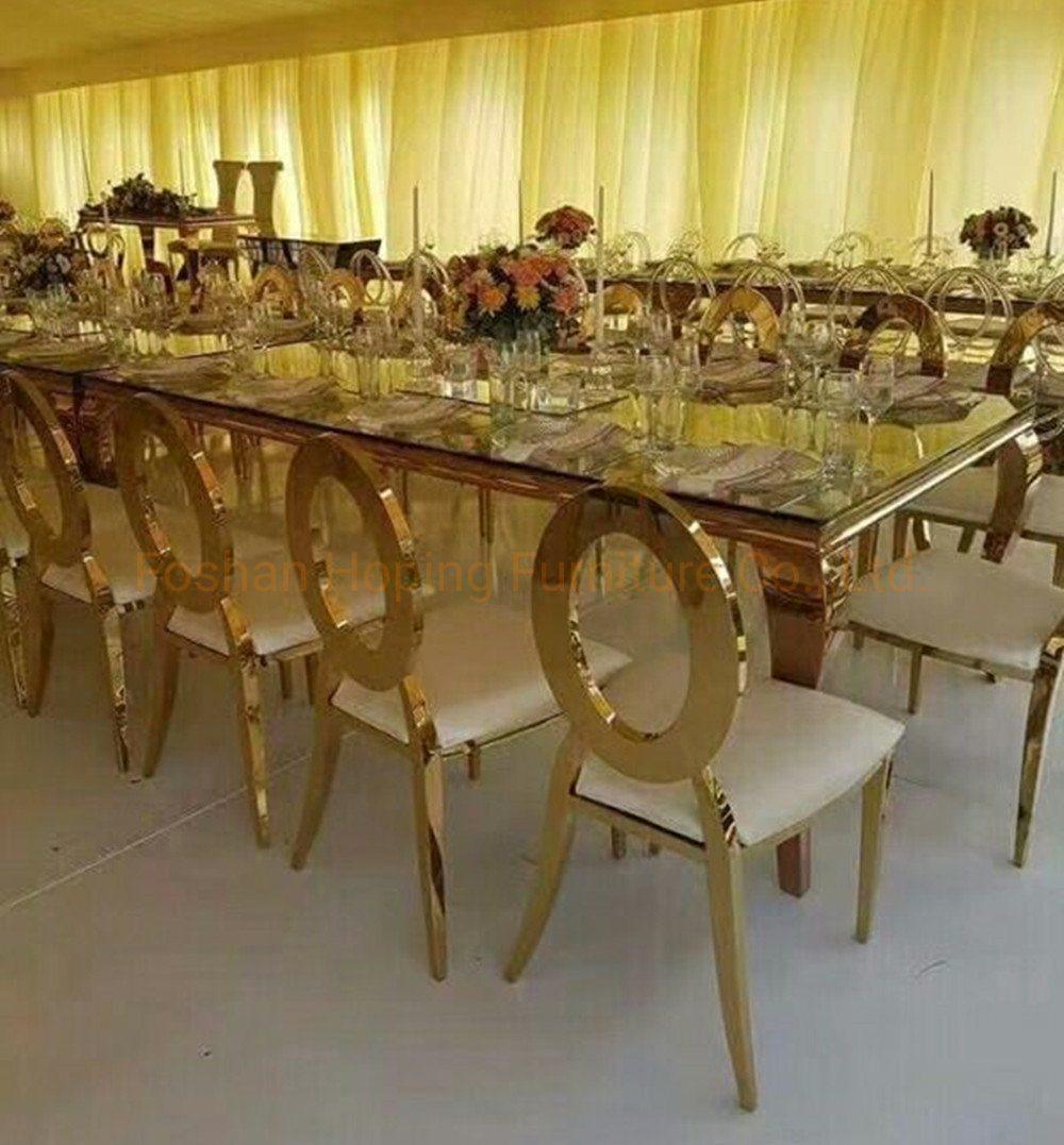 Factory Luxury Modern Event Hall Use Stainless Steel Guest Chair Hotel Gold Metal Frame Stainless Steel Hole Back Chair Wedding Used Banquet Chairs for Sale