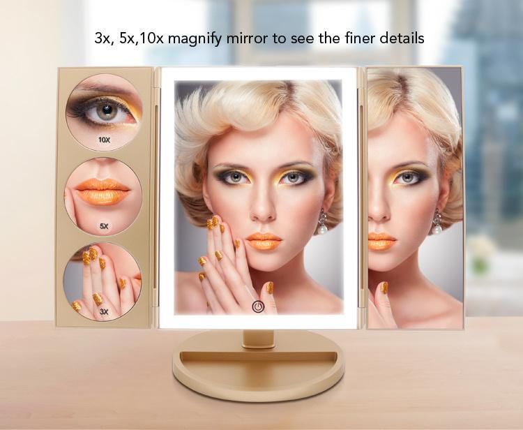 Fashion Gift Touch Switch Trifold Makeup Magnifying Mirror