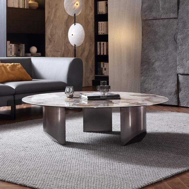 Home Furniture Titanium Round Green Marble Rock Beam Coffee Table