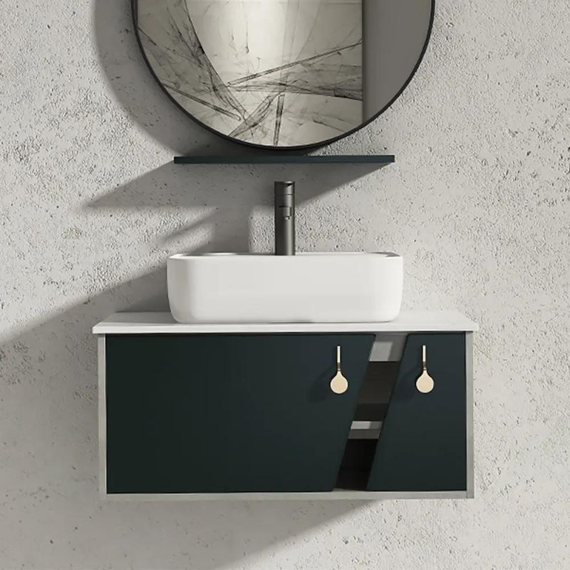 35" Modern White & Black Wall Mounted Bathroom Vanity with Integral Stone Sink