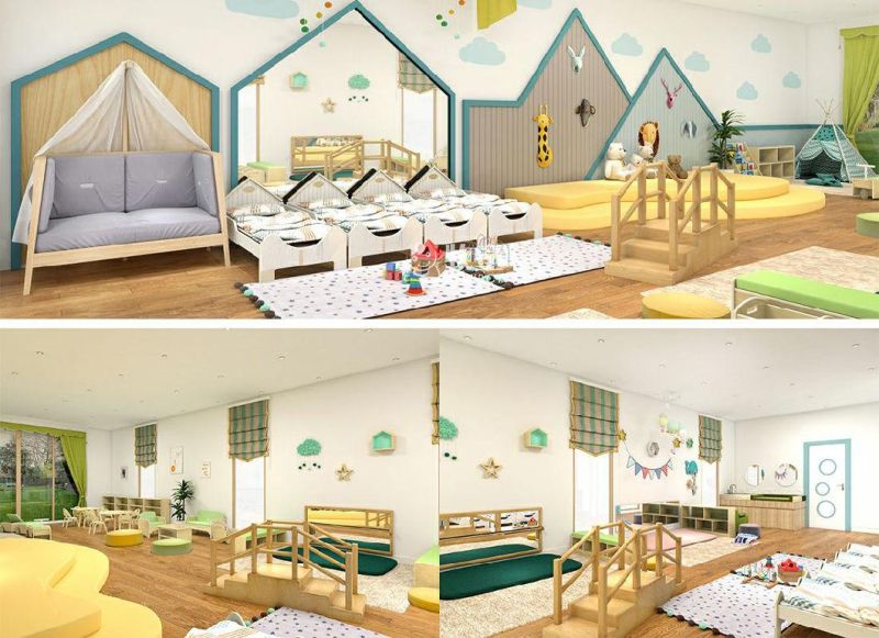 High Quality Classroom Children Bed Cabinets Wooden Furniture Kindergarten Tables Desks with Chairs for Private School