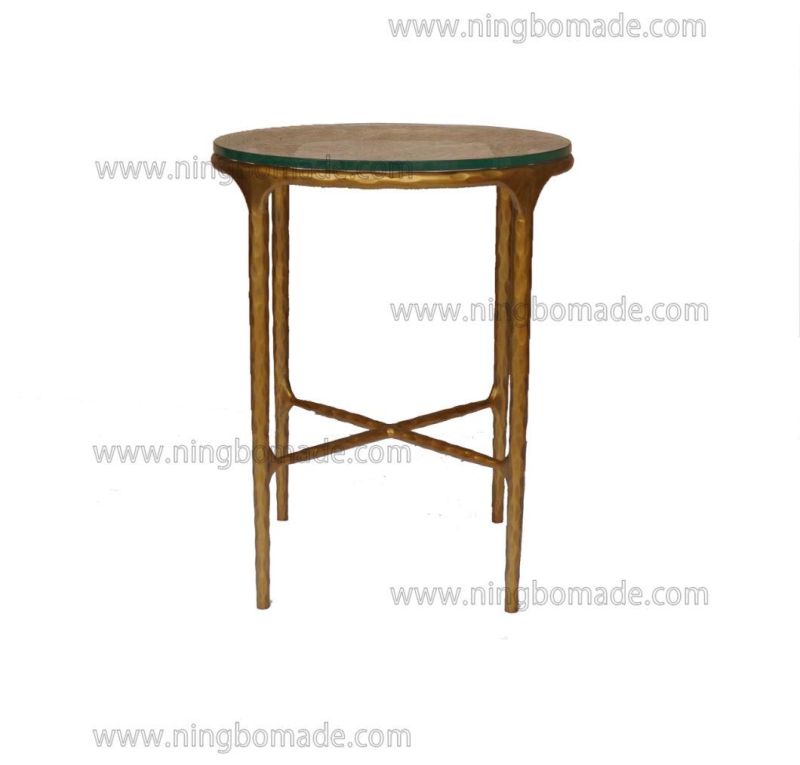 Rustic Hand Hammered Collection Furniture Forged Solid Iron Metal with Brass Color Thick Tempered Glass Round Corner Table