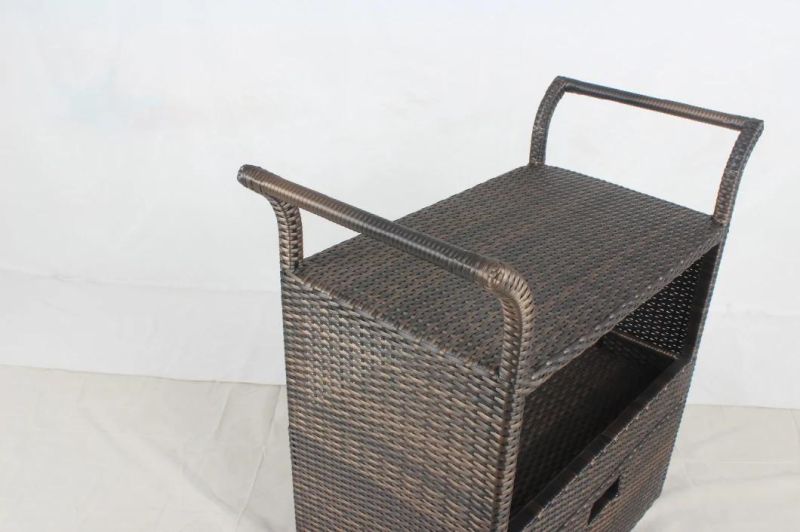 4 Wheels Hotel Restaurant PE Rattan Kitchen Cart Outdoor Furniture with Handle Rack