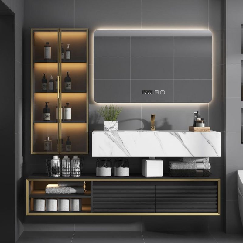 Modern Hotel Storage Wall LED Mirror Wood Bathroom Cabinet with Rock Plate Basin