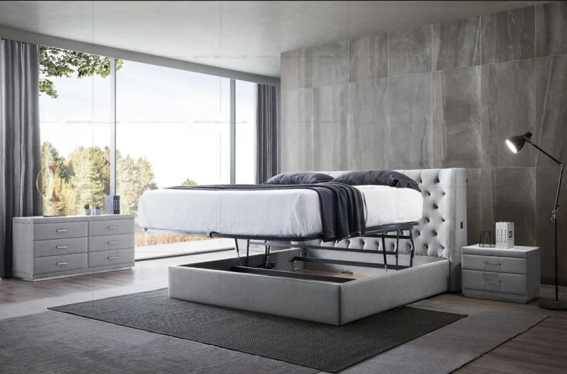 UK Design Modern White Color Wooden Material Bedroom Set with Hydralic Storage Furniture