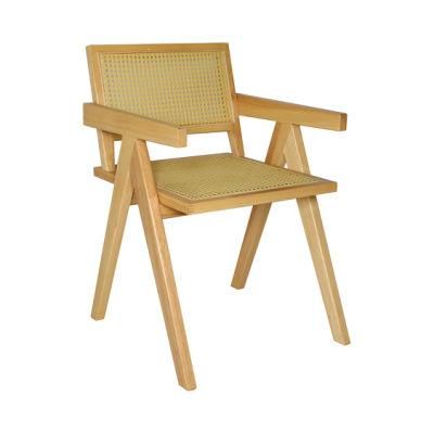 Nordic Teak Wood Knock Down Pierre Jeanneret Cane Wicker Rattan Dining Chair