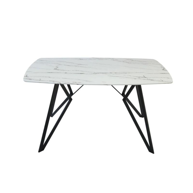 Home Outdoor Furniture Modern Tempered Glass Marble Effect Dining Table with Coated Steel Tube Leg