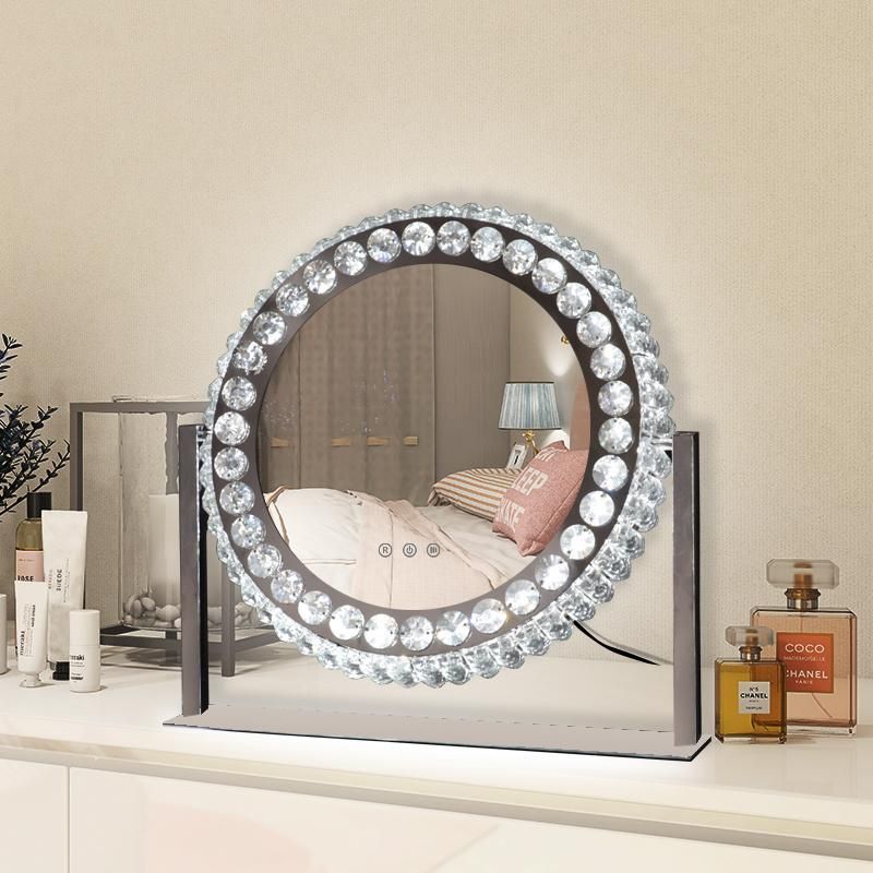 Round Shape Tabletop Crystal Makeup Mirror with Illuminated