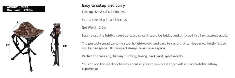 Folding Tripod Portable Chair, Versatile Portable Camping Stool Chair for Outdoor Camping Walking Hunting Hiking Fishing Travel, Support up to 225 Lbs