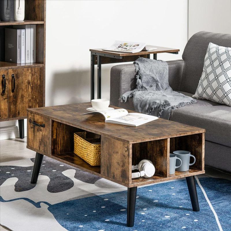 Retro Coffee Table with Storage, MID Century Coffee Tables for Living Room, Modern Wood Look Coffee Table with Open Storage Shelf and Drawer for Home