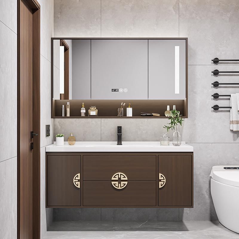 Retro Wall Mounted Double Sink Ceramic Wash Basin Sink Bathroom Furniture LED Mirror Cabinet Wood Vanity Cabinet with Ceramic Sink