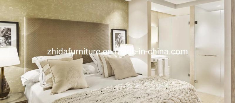 Zhida Unique Design Modern Hotel Furnishing Bedroom Furniture Set Double Queen King Size Fabric Bed with Leisure Chair