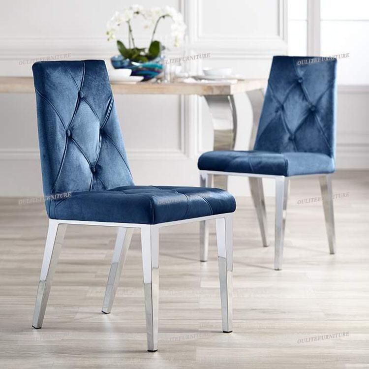 Button Back Blue Velvet Dining Chair with Metal Chrome Legs