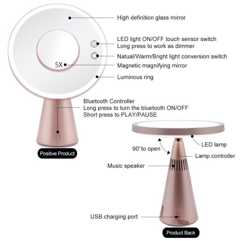 USB Charging Bluetooth Speaker & LED Lamp Light Mirror Makeup