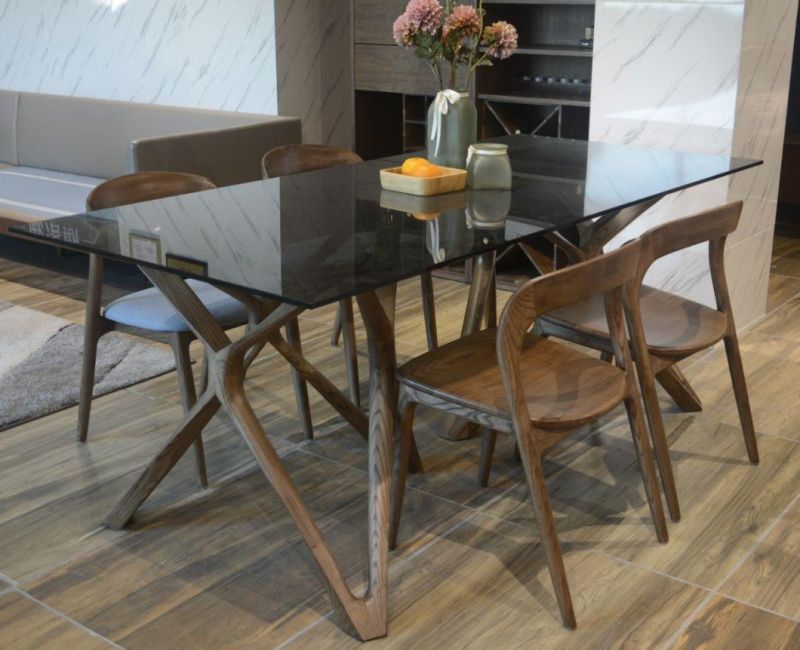 Glass Top with Wooden Base Dining Table Rectangle and Round