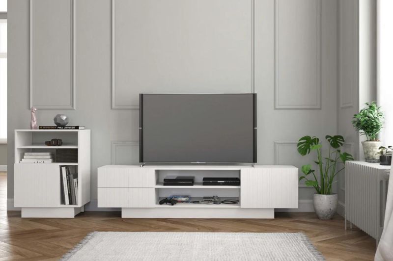 White 72-Inch TV Stand, White Matte Lacquer and White Melamine