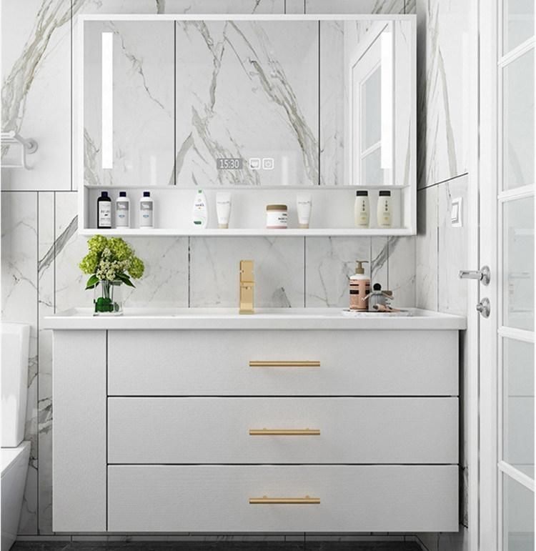 White Melamine Bathroom Vanity with LED Luxury Storage Mirrored Cabinet, Defogging