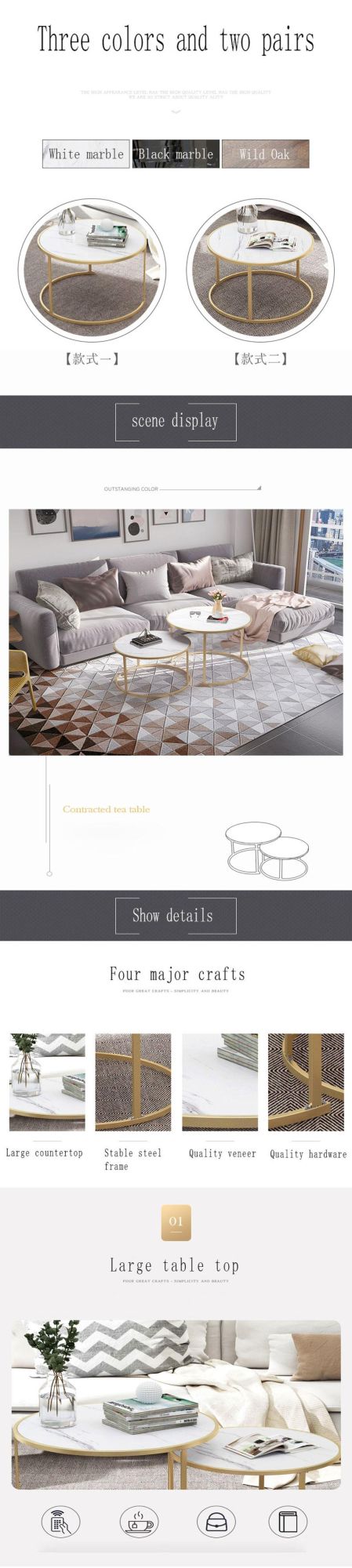 Two Pieces Modern Metal Frame Marble Coffee Side Table for Living Room Hotel
