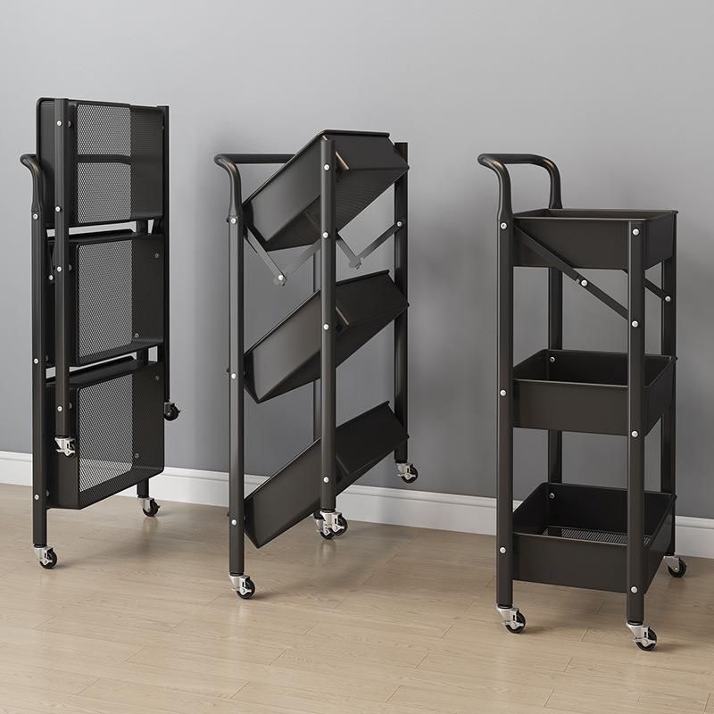 Metal Movable Three-Tier Kitchen Utensils Kitchen Carts Foldable Storage Trolley