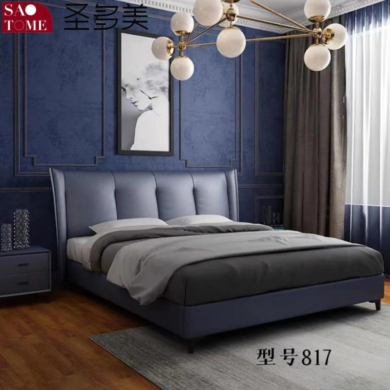 Modern High-End Hotel Bedroom Furniture Dark Grey with off-White Leather Solid Wood Frame Double Bed