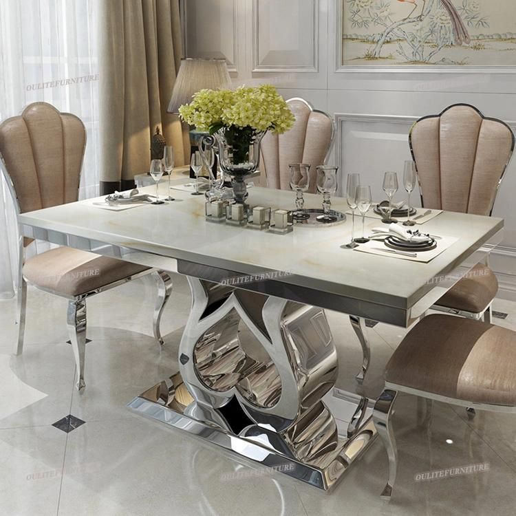 Home Use Heart Base Metal Frame Silver Dining Tables Sets