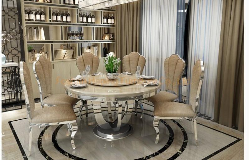 Modern Round Wedding Chair Set Ivory Cream Marble Top Chrome Metal Stainless Steel Dining Table