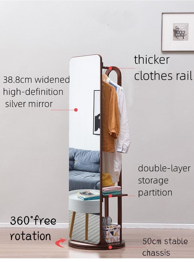 Full-Length Dressing Mirror Bedroom Rotating Floor Mirror Multi-Functional Solid Wood Coat Hanger Furniture