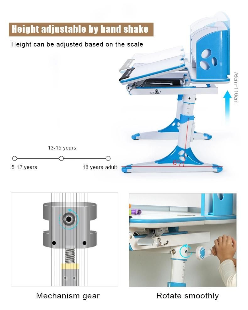 Height Adjustable MDF Children Study Desk and Chair with Bookshelf