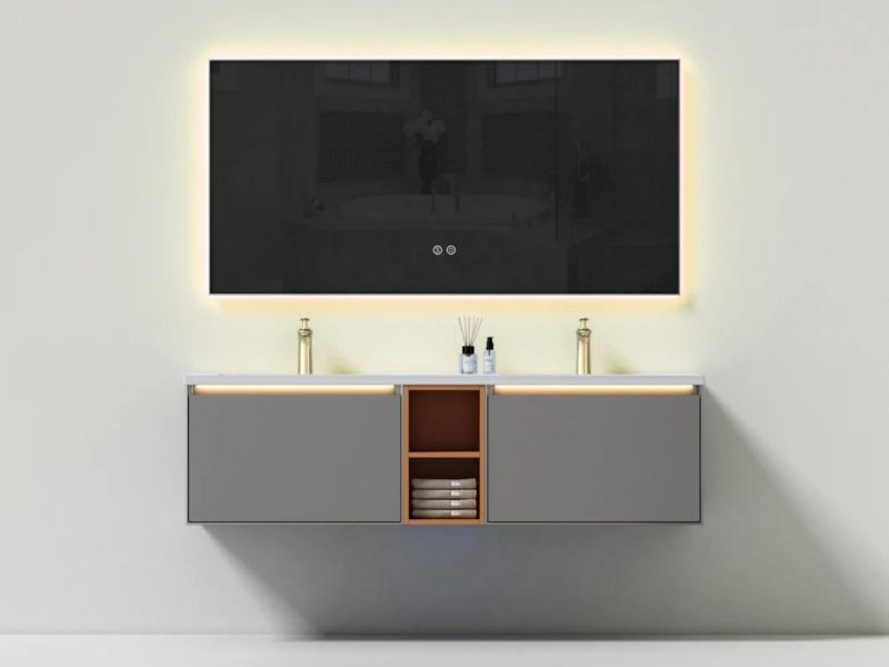 Modern Luxury Gray Melamine Bathroom Cabinet Bathroom Vanity with Rectangular LED Mirror Big Storage Cabinet