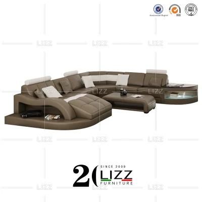 U Shape European Modern Divany Home Furniture Sectional Geniue Leather Sofa with LED