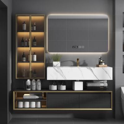 Modern Hotel Storage Wall LED Mirror Wood Bathroom Cabinet with Rock Plate Basin