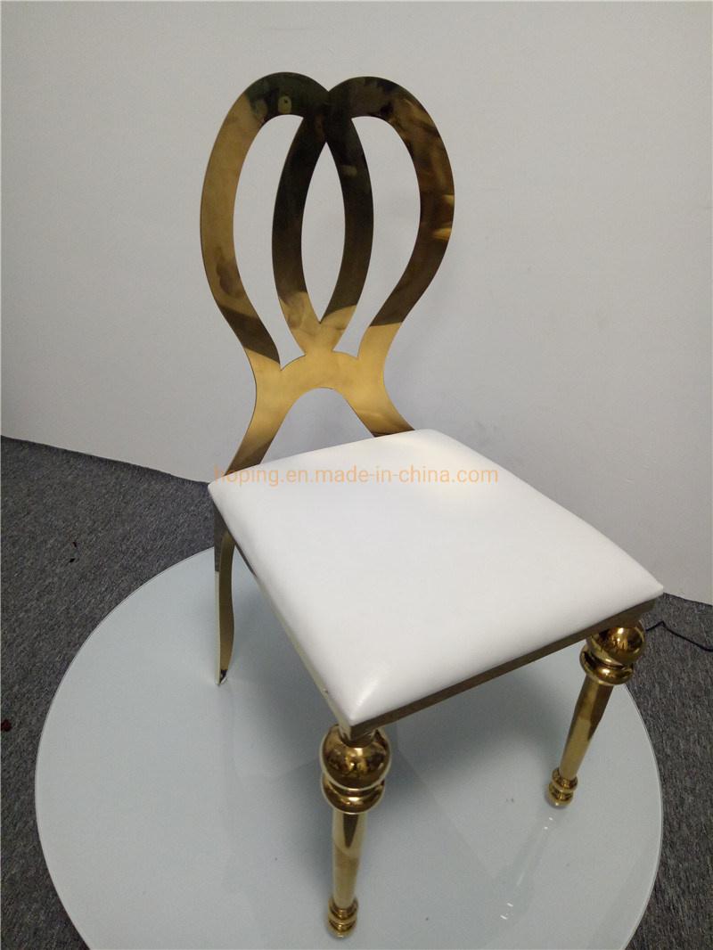 Rental Fancy Gold Dior Wedding Chair for Restaurant and Banquet with Heart Hollow Design Mirror Finished Stainless Steel Back Leather Wedding Hotel Dining Chair