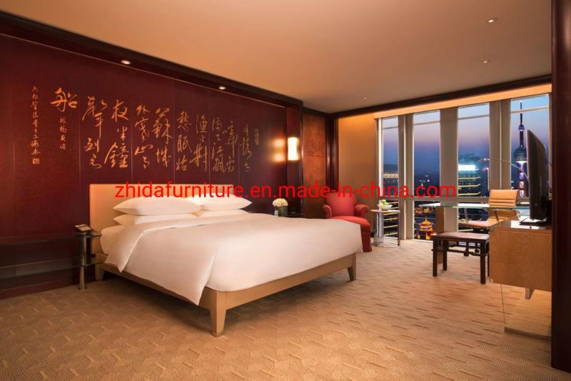 Zhida Manufacturer Customized Bedroom Chinese 5 Star Project Hotel Furniture Wooden King Size Bed with Leisure Chair