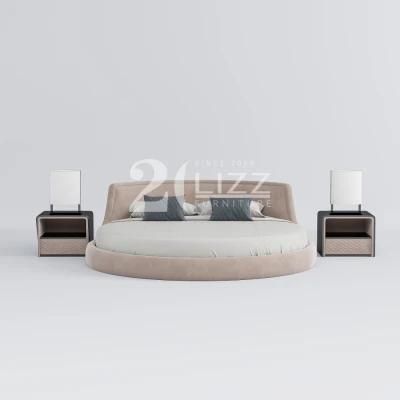 2022 Nordic Newly Designer Bed Bedroom Furniture Modern Simple Round Fabric Queen Size Wood Bed