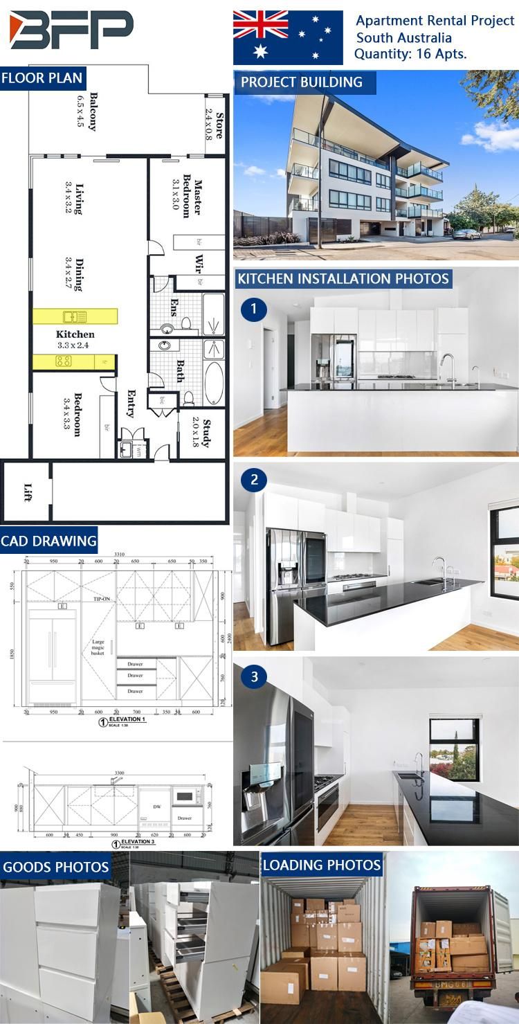 American Modern Style White Laminate Kitchen Cabinets Furniture with Sink and Faucet