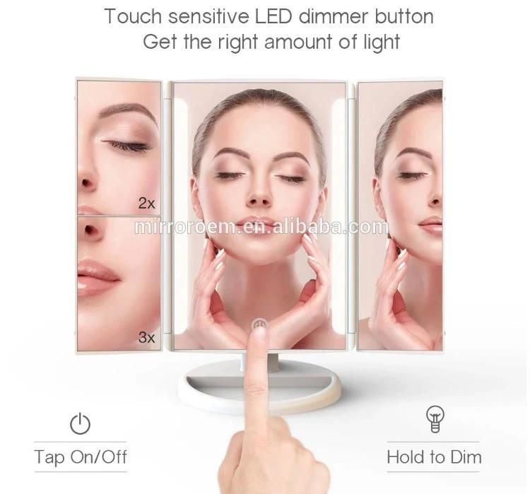 Top-Rank Selling Trifold LED Makeup Dimmable Brightness Beauty Salon Mirrors 2X 3X Magnifying Mirror