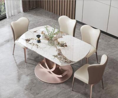 Hot Sale New Modern Best Price Luxury Italian Marble Top Stainless Steel Dining Furniture Set Extendable Dining Tables and Chairs